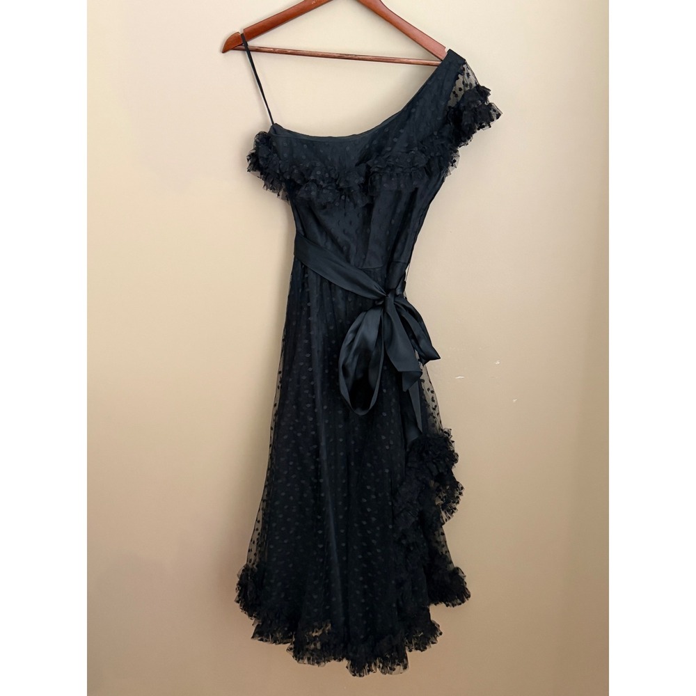 VTG 80s Black Swiss Tulle Dot One Shoulder Cocktail Dress Size 10 Whimsigoth - Picture 2 of 10